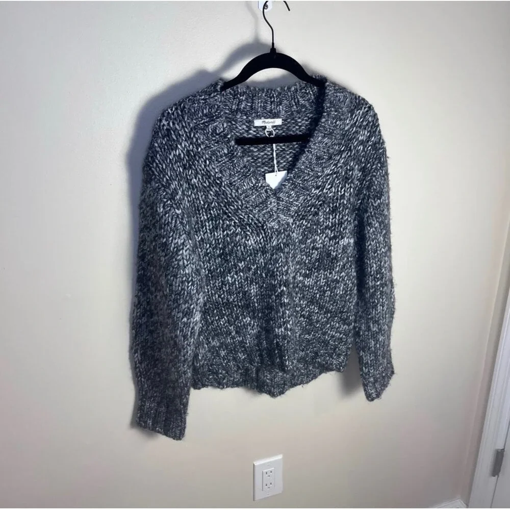 Madewell Sweater Women S Black White Italian Yarn Wool Alpaca V-Neck Marled Knit - Picture 2 of 7